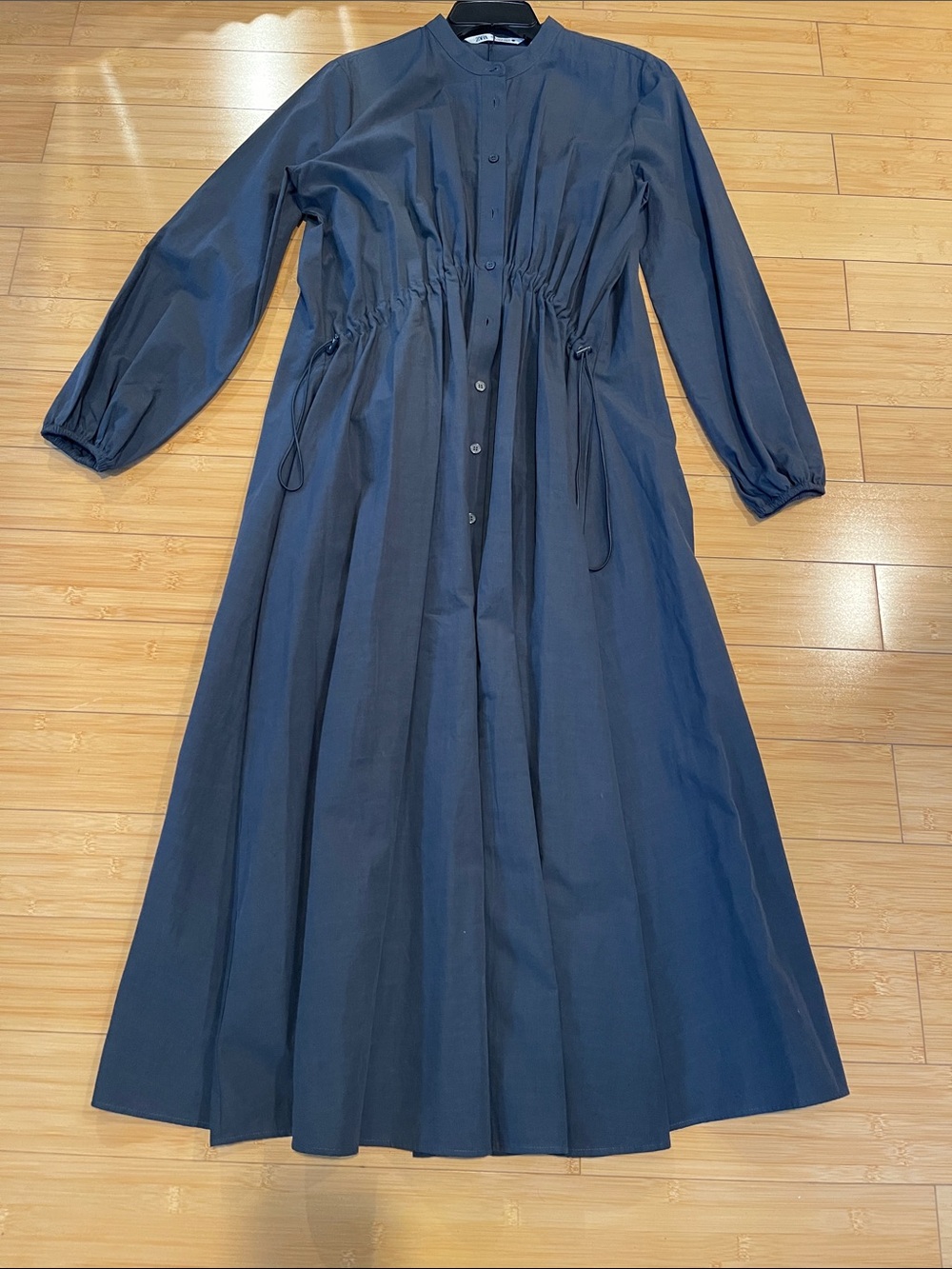 NWT Women Zara Navy Long Sleeve Drawstring Waist Maxi Cotton Long Shirt Dress M
